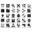 © Pegi - A comprehensive collection of software development and programming icons in a flat black glyph style, depicting various coding processes and tools.