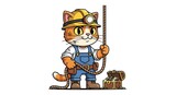 Cartoon pirate character holding treasure chest.