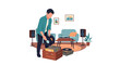© Amie - Flat style vector illustration of a man organizing a vinyl record collection beside a modern turntable and speakers in a cozy living room. Perfect for music lovers, retro lifestyle and entertainment