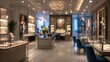 © BhansaliKushal - blurred wide angle luxury jewelry boutique interior, elegant display cases, warm ambient lighting, designer furniture.