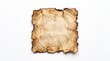© sudhikksha - Torn aged parchment paper square with burnt scorched edges isolated on white background, vintage brown paper fragment with mottled grain for antique backdrop and copy space