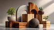 © naphat - Japandi wabi-sabi version abstract composition with wooden blocks, stone arches, and potted green plants for product display