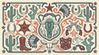 © Azke - Illustration vectorielle de style western vintage avec des crânes de taureau, des cactus, des bottes de cow-boy, des revolvers et des éléments décoratifs sur un fond crème.