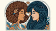 © Rozzie - Ilustração artística de duas mulheres de perfis diferentes, com cabelos detalhados e um coração central, celebrando a diversidade, a conexão humana e o amor em um estilo gráfico elegante.