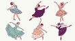 © Rozzie - Conjunto de ilustrações vetoriais de bailarinas clássicas em várias poses graciosas, vestindo tutus detalhados e sapatilhas de ponta, isoladas em um fundo claro para design artístico.