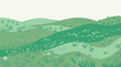 © Dizzi - Ilustración vectorial de un paisaje de colinas verdes con flores silvestres y hierba en un estilo gráfico plano y minimalista ideal para fondos de diseño natural
