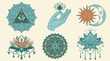 © LeNo - Set di icone esoteriche e spirituali con mandala, fiori di loto, occhio della provvidenza, sole, luna e mano che regge una foglia in stile illustrativo vintage su sfondo color crema.