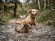 © Usman - Golden retriever puppy running through shallow stream.