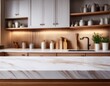 © Shelby - marble empty white table top fron view blur minimalistic scandy kitchen interior background in brown wooden colour and light wood for montage product display or design key visual layout