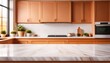 © Shelby - marble empty white table top fron view blur minimalistic scandy kitchen interior background in pastel orange colours and light wood for montage product display or design key visual layout