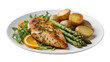 © Lukas - Grilled chicken breast with roasted potatoes asparagus arugula, and orange slices