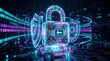 © Zamiyoul - A futuristic 3D abstract background of a giant digital padlock surrounded by glowing data particles, cyber security and data protection concept, generative AI
