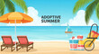 © fino - Vector landscape of a tropical beach with two red lounge chairs under an orange umbrella, a sailboat on blue water, palm fronds, sandy shore, and the text Adoptive Summer.