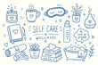 © ApexStock 66 - Set of hand drawn self care and wellness doodles featuring a Workout books coffee bath tub sleep mask flowers and gym weights in a cute pink and black line art sketch