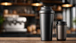 © syhin_stas - Black shaker cup and supplement tub on a wooden counter, merging fitness and coffee culture into a convenient ready to drink protein moment for active lifestyles
