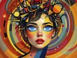 © Columbo/imageBROKER - Surreal portrait with vibrant colors and bold abstract shapes surrounding a woman with blue eyes, ai generated