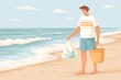 © Tayyaba - Cartoon figure collecting plastic waste from beach (simplified beach scene), ocean conservation concept, environmental cleanup