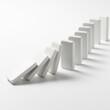 © Fakhar - Minimalist white dominoes falling in a row, chain reaction concept on bright background, sequence of falling blocks representing cause and effect