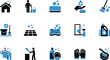 © KOSAKA - Cleaning service and housekeeping icon set with clean house janitor soap hygiene broom sponge detergent laundry dishwashing gloves and floor polish symbols.