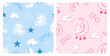 © Thanawat - Cute unicorn seamless pattern collection with moon, clouds, stars and shooting stars in pastel blue and pink backgrounds, magical nursery fantasy illustration for kids fabric.