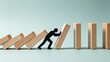 © Qiang - Miniature person stopping falling wooden domino blocks, risk management concept, crisis prevention, business challenge, problem solving strategy