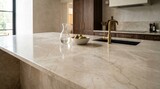 A modern kitchen with a marble countertop, wooden cabinets, and a brass faucet. The countertop is clean and reflective, with a bowl of fruit and a pitcher of water on it.