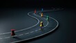 © PixelVerse AI - Winding dark asphalt road with colorful pushpins marking a journey or business strategy pathway.
