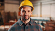 © peopleimages.com - Carpentry, industry and portrait with man in workshop for management, safety or stock . Hardhat, manufacturing and production with happy person in woodworking warehouse for furniture business