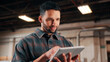 © peopleimages.com - Happy man, tablet and scroll in carpentry workshop, check lumber order or online inventory management. Carpenter, reading and tech for digital stock analysis or search woodworking merchandise app