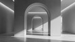 © Anasaiimages - A grand interior perspective displays a series of symmetrical stone arches creating a sequence of connected halls where natural sunlight casts dramatic shadows across the polished marble floor su