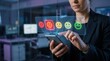 © Sohail - Person using smartphone with holographic feedback rating interface showing emoji satisfaction scale in office