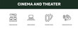 © Abstract - cinema and theater icon set with cinema snack bar, cinema audience, two movie tickets, projector with plug signs in flat outline style