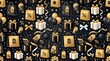 © Moslima Parvin - Black and gold shopping pattern with gifts balloons and confetti for black friday sale promotions.
