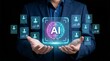 © emad - AI-Powered HR Evaluation and Performance Appraisal. Automated Review of Assessment Scores. Businessperson Holding AI Icons and Charts