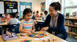 © MDSUMON - A smiling female teacher helping a young girl assemble a colorful geometric tangram puzzle at a desk in a bright school classroom