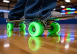 Low angle shot of a skateboarder wearing denim jeans riding on a polished wooden floor, featuring bright neon green wheels in an indoor park.