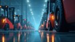© Zarana  - Row of Modern Forklifts in Industrial Warehouse with Reflective Floor and Blue Lighting