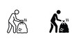 © VisionGrafix - Person with trash bag vector icon isolated on white Black and white outline line art and solid glyph silhouette