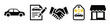 © Nayem - Car dealership and auto sales icon collection, handshake, contract, price tag, and showroom symbols, vehicle purchase agreement graphics, automotive business elements, black silhouette vector