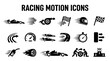 © MstSomaya - A collection of black vector icons depicting racing cars, speed motion, checkered flags, and motorsport equipment.