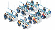 © Super - A group of people work together in an office setting with male support specialist close up.