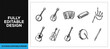 © Graphics - Black ink scribble hand drawn doodle sketch vector icon set featuring folk musical instruments guitar banjo and music isolated on white background texture acoustic art res