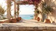 © MDShimul - Empty stone table on sunny Mediterranean terrace background with sea view and pink flowers for product advertisement.