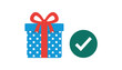 © Akash - Blue polka dot gift box with red bow next to green checkmark button represents gift delivery approval or success.