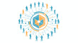 © bangwahyu - Abstract illustration of a diverse group of people connected in a network around a central hexagonal hub, symbolizing teamwork and community.