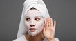 © twilight mist - Young Woman in Sheet Mask and Towel Listening Intently and Eavesdropping, Skincare and Beauty Concept