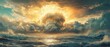 © Роксолана Гордієвич - A dramatic explosion of golden light pierces turbulent clouds above a stormy sea background, symbolizing environmental upheaval and climate crisis.