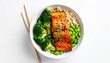 © Aimi - Teriyaki salmon with edamame, brown rice and broccoli in white bowl, white background, top view, ultra-realistic.