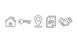© Sofia - Real Estate Transaction Process Line Icons Set including House, Key, Location, Contract, and Handshake isolated white background