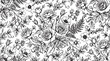 © RODLA - Vintage Floral Seamless Pattern with Roses and Foliage in Black and White